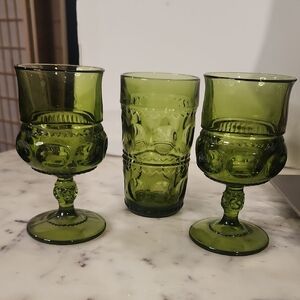 Vintage Indiana Green Glass Goblets and Tumbler Set 3
